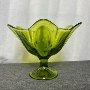 Vintage Viking Glass Olive Green Compote Pedestal Bowl MCM